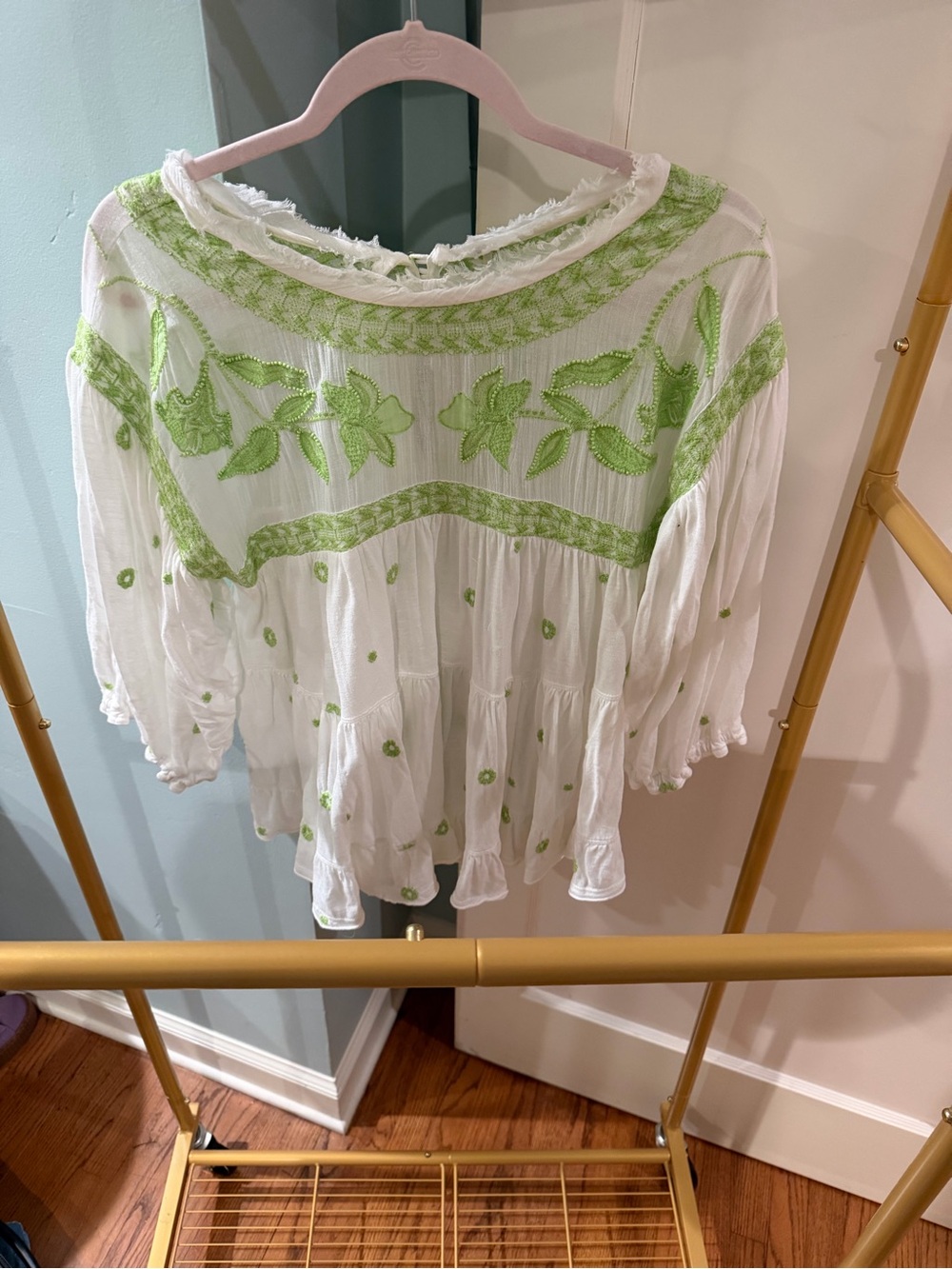 Free People White Peasant Blouse with Lime Green Embroidery